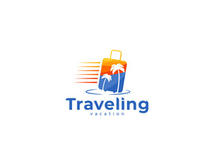 Traveling logo with travel bag and palm tree illustration