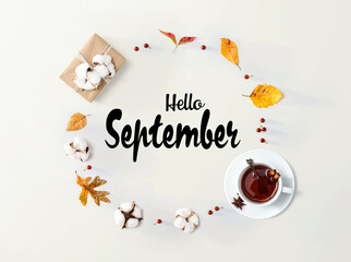 Fototapeta na wymiar Hello September message with autumn leaves and tea