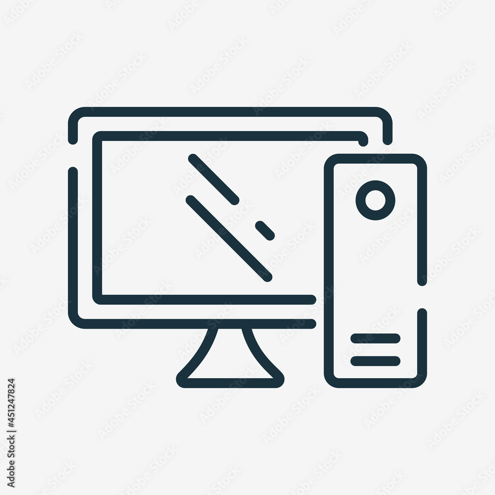 Poster desktop computer monitor linear icon. pc outline icon. editable stroke. isolated vector illustration