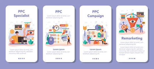 PPC specialist mobile application banner set. Pay per click manager
