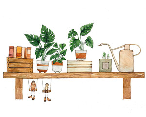 Watercolor paintings on shelves