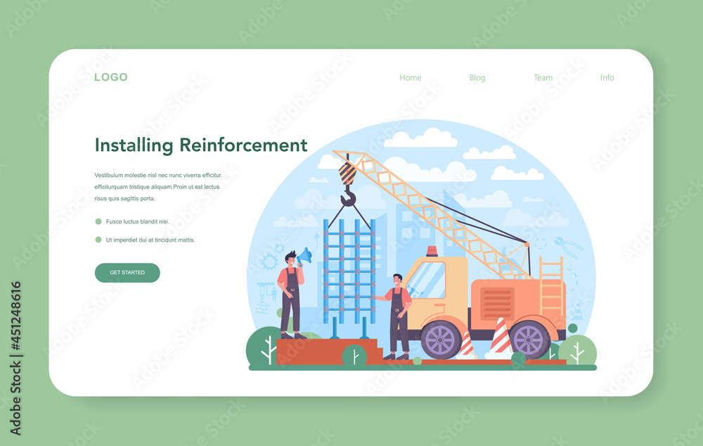Poster fitter installing a reinforcement web banner or landing page. industrial builder