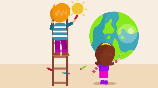 Two children drawing earth planet and sun on wall