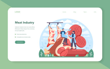 Meat production industry web banner or landing page. Butcher