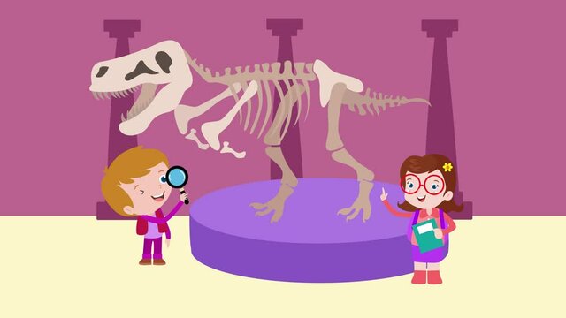 Two little kids looking at dinosaur fossil skeleton