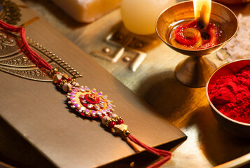 Close-up Rakhi kept in a decorative thali on the occasion of Rakshabandhan