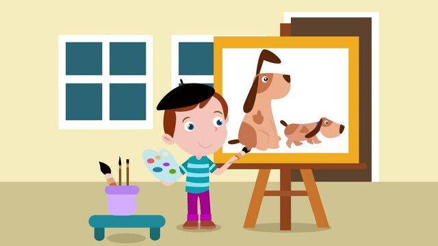 Boy painting dogs with paintbrush on the canvas