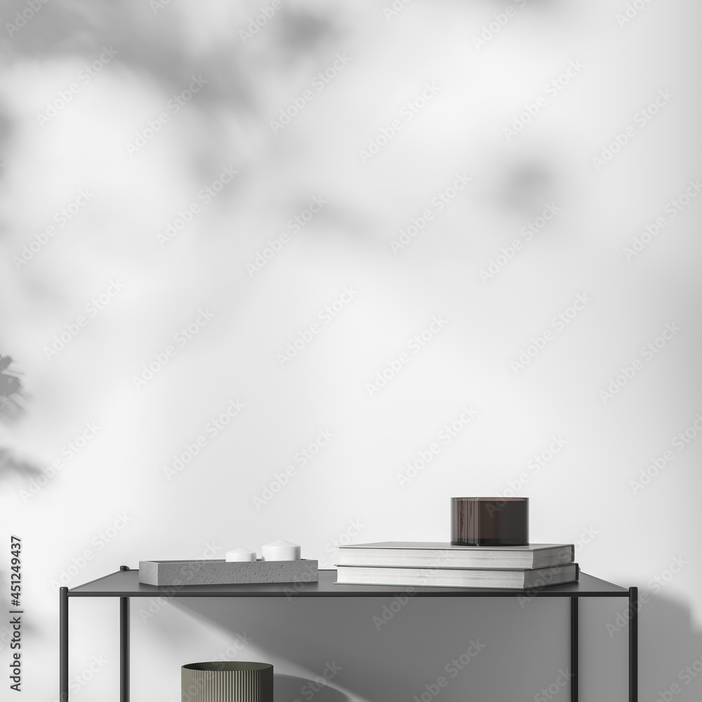 Poster Coffee table with books and a vase against the background of a white empty wall. Mock up. 3d rendering