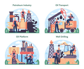 Fototapeta premium Petroleum industry concept set. Pumpjack platform extracting crude oil