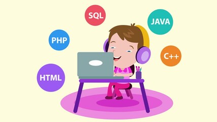 Happy little boy using laptop to learn programming