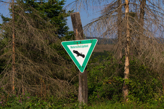 Naturschutzgebiet Schild mit zwei abgestorbenen Tannen 