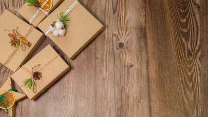 Craft boxes decorated with eco-friendly materials for the new year or christmas