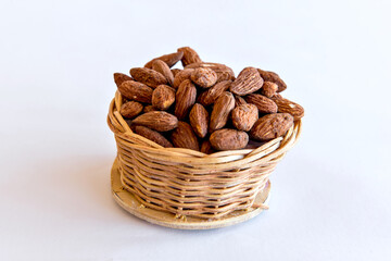 Almonds on white background. Healthy grains