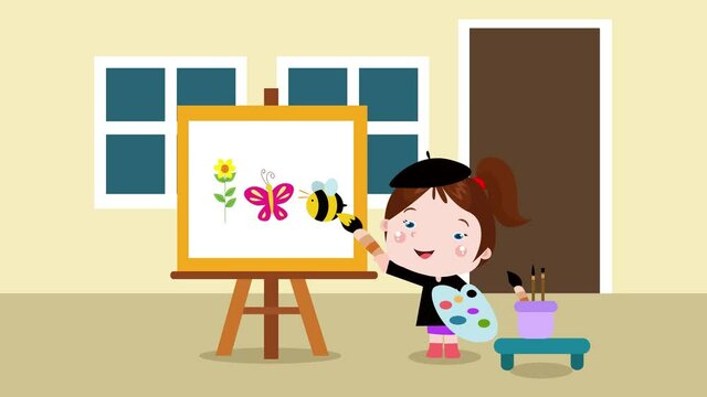 Little girl painting flower butterfly and bee