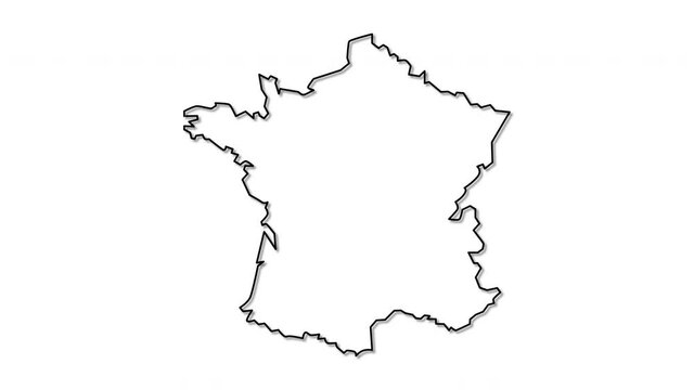 Self drawing animation of map of France text name France. White background.