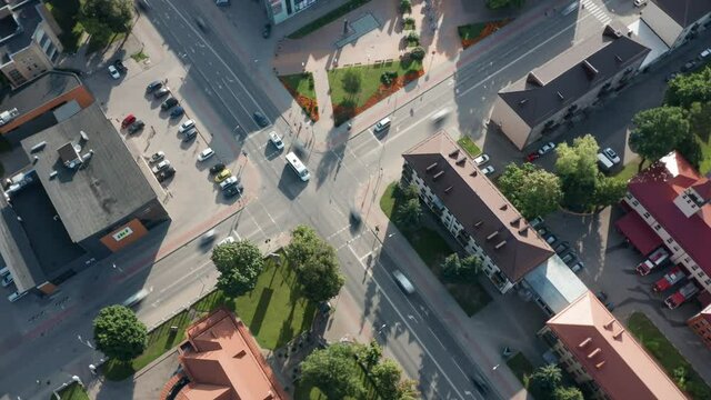 Town street intersection, pedestrian crossing, aerial hyperlapse