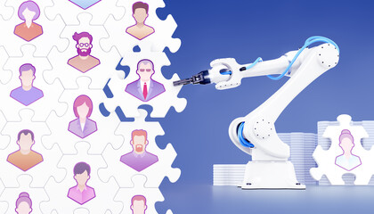 Automated HR Management. A robotic arm, which composing together hexagonal pieces of a jigsaw puzzle with pictured pictograms of office staff persons to vertical wall. 3D-rendering graphics.