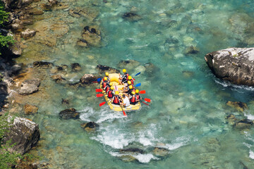 Rafting team , summer extreme water sport. Top view.
