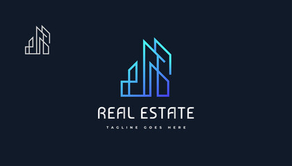 Blue Abstract and Futuristic Real Estate Logo Design with Line Style. Construction, Architecture or Building Logo Design