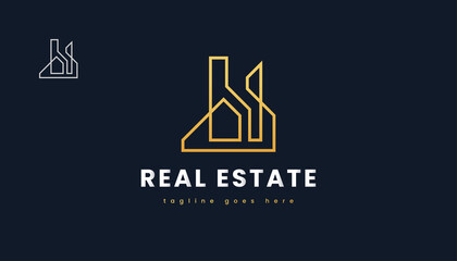 Gold Real Estate Logo Design with Line Style. Construction, Architecture or Building Logo Design