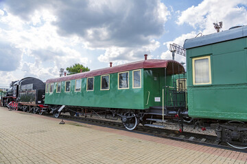 Obraz premium Rare Soviet retro railroad car. Exposition area of RZD railway vehicles at Rizhskaya station. Moscow, Russia