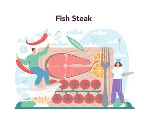 Fototapeta na wymiar Salmon steak. Chef cooking grilled fish steak on the plate with lemon