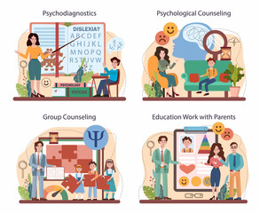 Psychology school course set. Mental and emotional health studying.