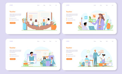 Teacher web banner or landing page set. Professor giving a lesson online