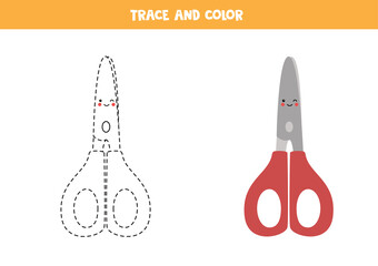 Trace and color cute kawaii scissors. Worksheet for kids.