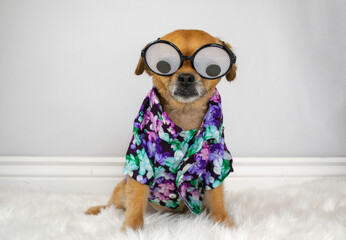 Cute dog wearing funny glasses and purple shirt