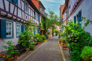 View into a small alley in Heppenheim / Germany in the Odenwald with plenty of floral decorations in front of the houses 
