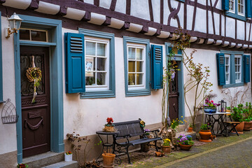 Half-timbered houses in Heppenheim / Germany with plenty of decoration in front of them 