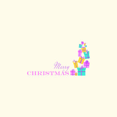 "Merry Christmas".  Congratulatory text.  Multi-colored boxes with gifts, stacked one on top of the other.  Christmas vector illustration.