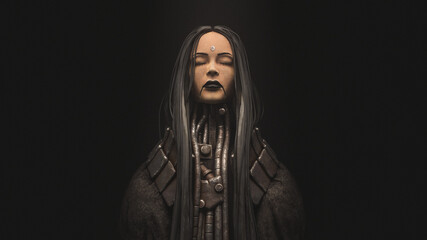 Portrait of cyborg girl with long black hair, closed eyes, metal grunge wires on her neck standing in night scene. 3d illustration of futuristic post apocalypse cyber female character in burlap cloak.