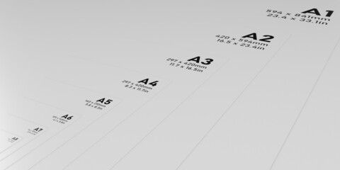 International A series paper size formats from A1 to A7 background image with black lettering and white textured 3D modeled paper background banner. - obrazy, fototapety, plakaty