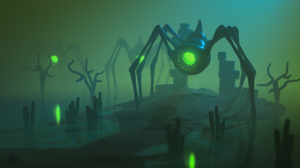 Huge monster spider with sting, mouth with sharp teeth stands its paws in swampy landscape with dead trees, destroyed buildings in the fog around the plants. 3d render of mystical place in green tones © roman3d