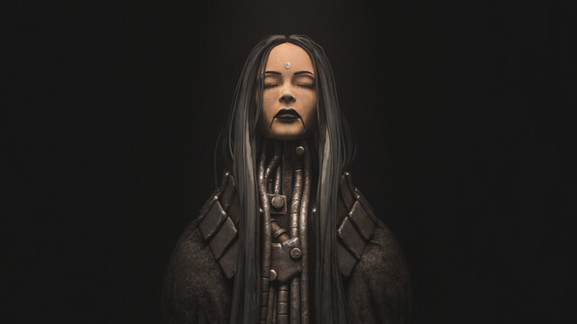 Portrait of cyborg girl with long black hair, closed eyes, metal grunge wires on her neck standing in night scene. 3d illustration of futuristic post apocalypse cyber female character in burlap cloak.