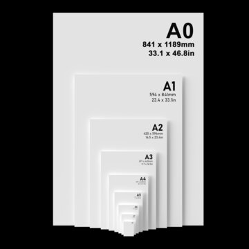 International A series paper size formats from A0 to A8, with black text printed on white textured paper and isolated on a black background. 3D Illustration