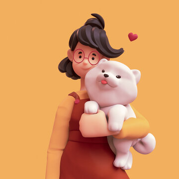 Portrait of a cute smiling brunette girl in red glasses wearing brown apron, yellow t-shirt holding a large fluffy white playful puppy under her arm. Animal lover. 3d illustration on orange background