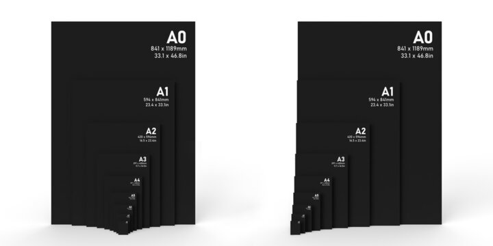 International A series paper size formats from A0 to A8, with white text printed on black textured paper and isolated on a white background. 3D Illustration