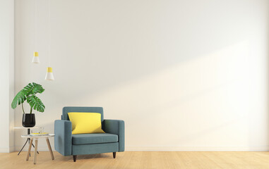 Empty room with armchair and side table, white wall and wood floor. 3d rendering