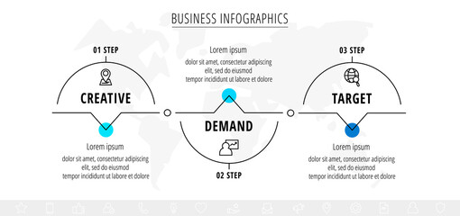 Vector line infographics template for three arrows and icons. Business concept with 3 elements. Modern blank space for chart, step for step, timeline, diagram, web
