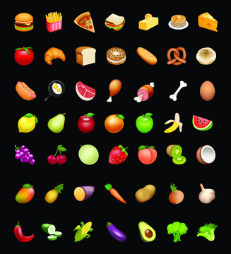 Food and fruit vector emoji illustration. Food and beverages, fruits symbols, emojis, emoticons, stickers, icons Vegetables, cakes, vector illustration flat icons set, collection, pack. 