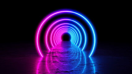 3d render glowing lines, tunnel, neon lights, virtual reality, abstract background.