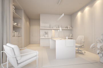 White room at home with desk and laptop computer 3d rendering, Mock up, work form home.