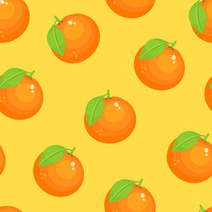 Orange seamless pattern. Orange with green leaf and on a yellow background. Vector pattern.