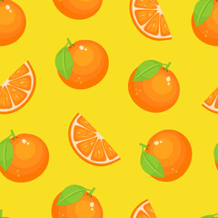 Orange seamless pattern. Orange with leaf and orange slice on a yellow background. Vector pattern.