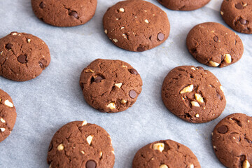 Fototapeta na wymiar Round chocolate cookies with patterns on white baking paper