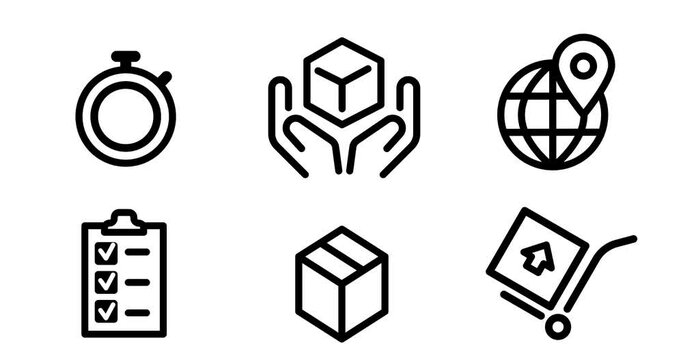 A 4K illustration of an icon set for logistics, delivery, transportation in outline design, animated on a white background