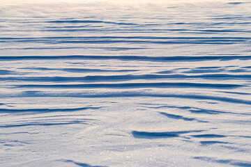 Snowy background, snow-covered surface of the earth after a blizzard in the morning in the sunlight with distinct layers of snow